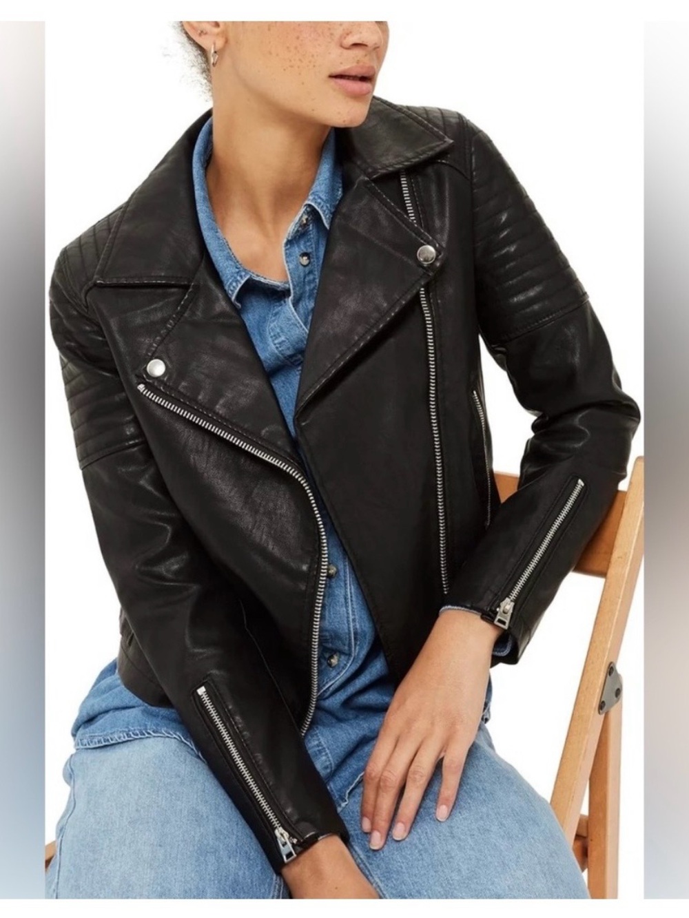 Topshop Black Moto Faux Leather Jacket with Asymmetrical Zip